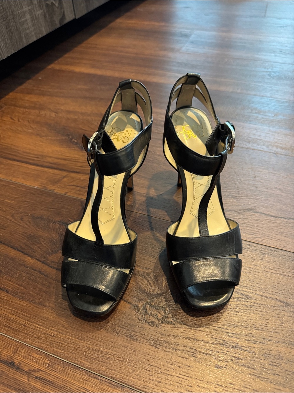 Joan & David Pre Owned Leather Black T-Strap High Heel Sandals